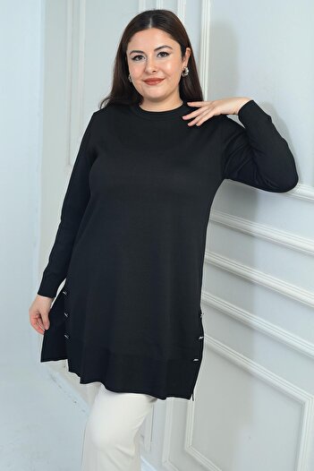 By Saygı Women's Side Button Detailed Slit Plus Size Knitwear Tunic Blouse