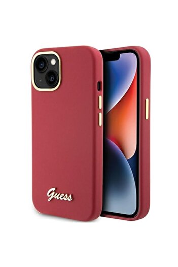 Guess case for iPhone 15 - Magenta HC Silicone Script Metal Logo & Frame