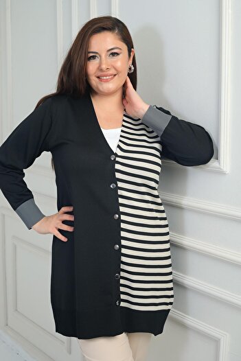 By Saygı Women's plus size long cardigan with single-sided horizontal stripes
