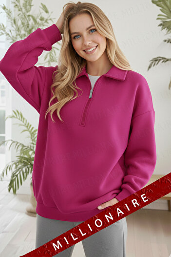 Millionaire Women's Fuchsia Pink Half Zipper Polo Neck 3 Thread Fleece Lined Oversized Sweatshirt