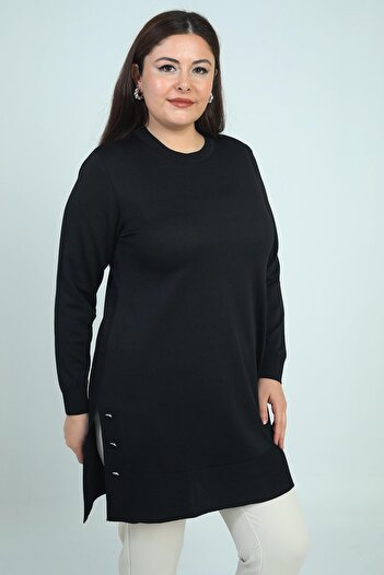 By Saygı Women's Side Button Detailed Slit Plus Size Knitwear Tunic Blouse