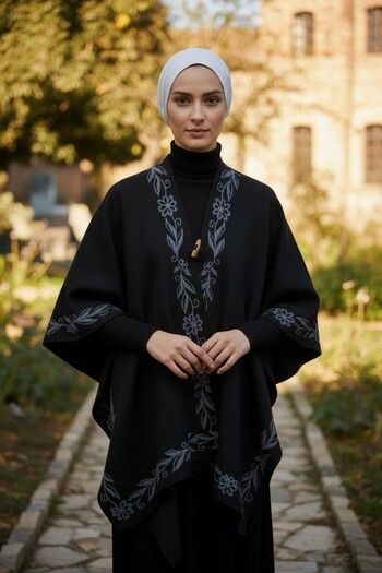 Onur Winter - New Collection Plain Gold Edged Floral Knitwear Poncho Thick Winter Buttoned Comfortable to Wear