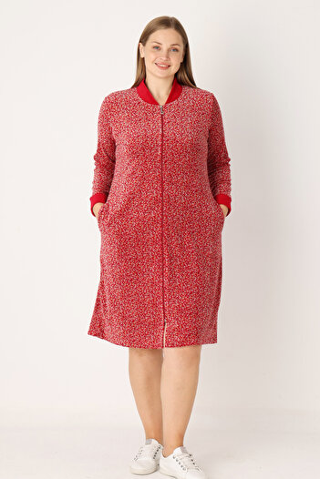 İntensive Red Patterned Cotton Velvet Pocket Zipper Long Sleeve Women's Plus Size Dress