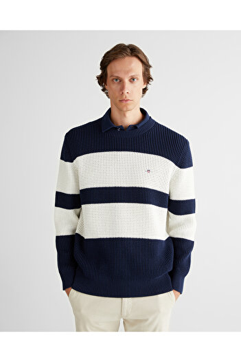 Gant Men's Regular Fit Navy Blue Striped Cotton Knit Sweater
