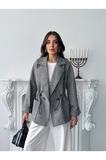 chwain Women's Herringbone Detailed Adjustable Short Coat