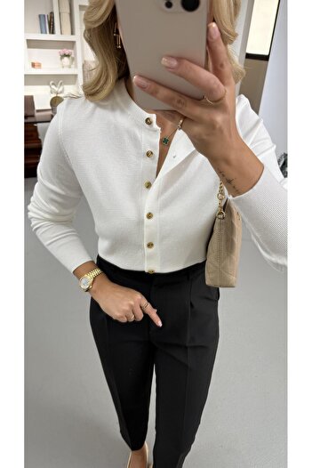 Sezgi Tekin Premium Series Bone Button Detail White Soft Cardigan