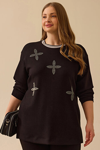 Gala-Xi Galaxi Women's Plus Size Stone Detailed Sweatshirt 4002 Black