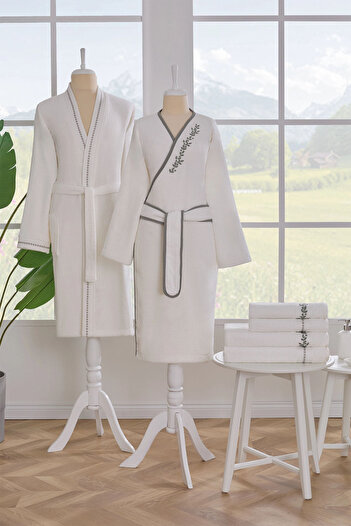 Özdilek Jardin Aile Bathrobe Set - Cream - Green