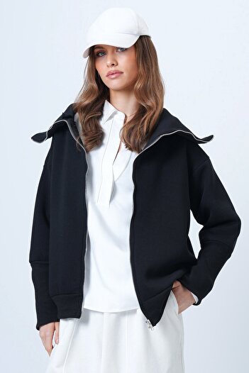 VAGGON Zippered Wide Collar Long Sleeve Sweatshirt