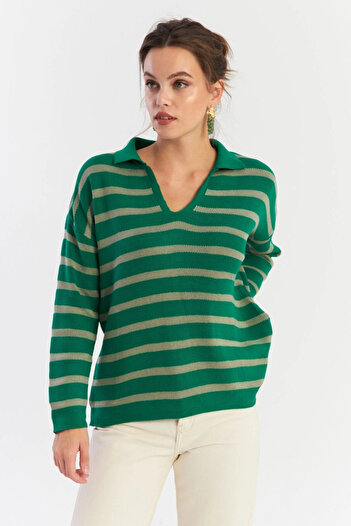 Cool & Sexy Women's Green-Grey Polo Neck Striped Knitwear Sweater Col01