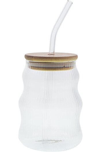 STOREMAX 500ml Glass with Bamboo Lid, Glass Straw with Silicone Lid Seal Stripe Pattern for Cold Drinks Coffee
