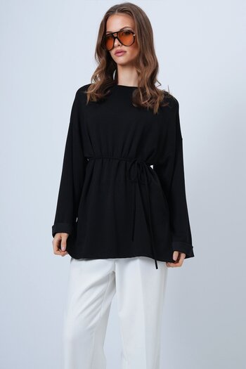 VAGGON Crew Neck Off-Shoulder Tie-Up Oversize Sweatshirt