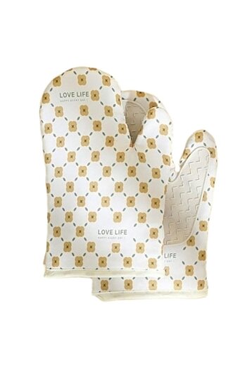 GOLD MARKET Set of 2 oven gloves, heat-resistant up to 330°C, textile and rubber, 26.5 x 18 cm, Rustic White