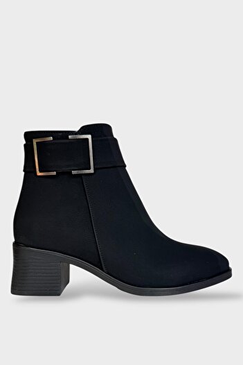 Liger Buckle Detailed Thick Heel Pointed Toe Women's Boots Black - Black