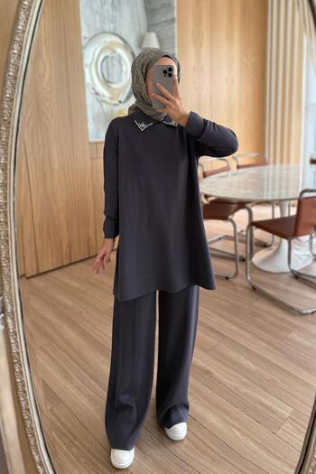 Ka Hijab Slit Detail Collar Stoned Mercerized Suit - Smoked