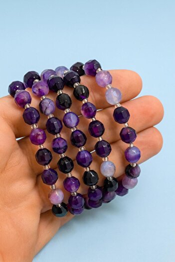 grsoyuncak Natural Stone 8mm Faceted Cut Gold-Plated Purple Agate Bracelet Is 1 Piece