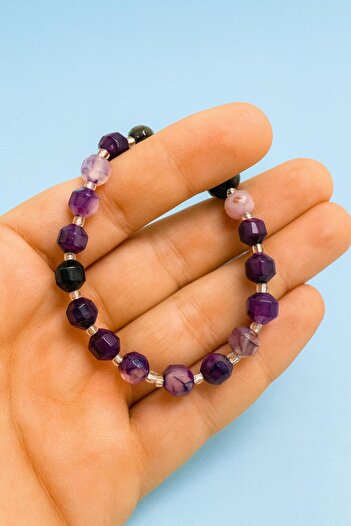 grsoyuncak Natural Stone 8mm Faceted Cut Gold-Plated Purple Agate Bracelet Is 1 Piece