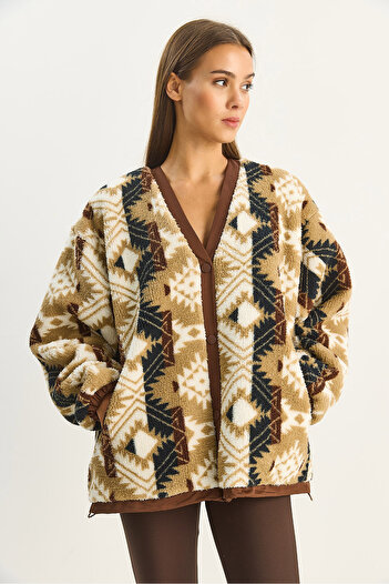 Bianco Lucci Women's Ethnic Patterned Lined Pocket Detailed Snap Closure Plush Coat 4086 60283667