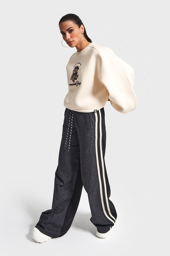 its basic Women's Beige Black Denim Color W5-105 Design Sweatshirt Pants 2-Piece Combination Set