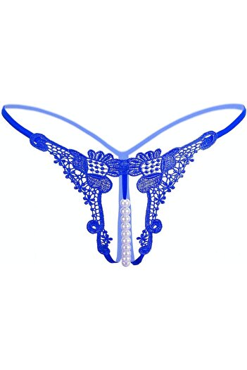 Generic Hearthxy Sexy Lingerie for Women G-string with Pearl Embroidery Lace Low-waist Open Crotch (Blue)