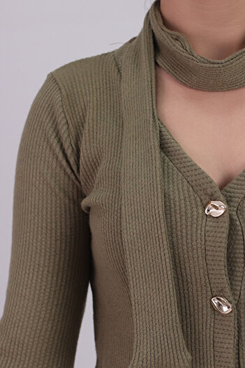 armonika Women's Khaki V-Neck Front Button Shawl Detail Soft Textured Cardigan Arm-26K001032
