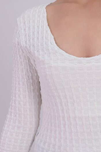 armonika Women's Ecru V-Neck Jacquard Long Sleeve Blouse Arm-26K135010