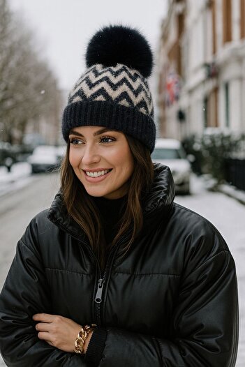 MARBERRY Camel Zigzag Patterned Women's Beanie with Fleece Inside