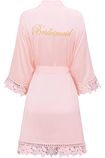 Generic Women's Lace Trim Bride Bridesmaid Robe Silk-Like Embroidered Satin Kimono