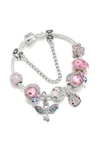 Tessero women's charm bracelet - ladybug & winged key, silver-plated, 18 cm