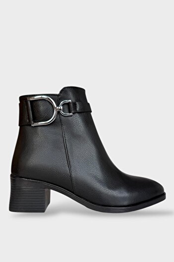 Liger Buckle Detailed Heeled Zippered Women's Boots Black - Silver