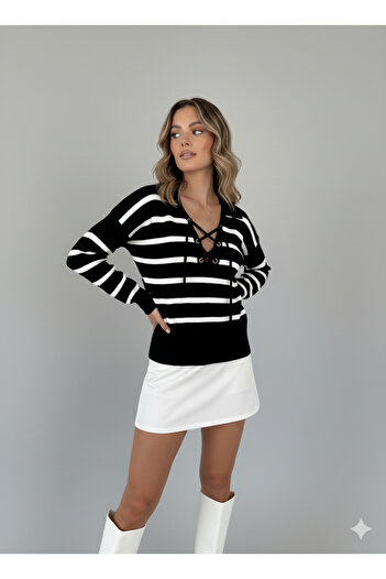 Melff Women's Striped Lace-Up Polo Neck Knitwear Sweater