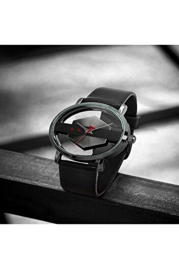 Tomi - Transparent wristwatch with double glass, analog quartz, genuine leather strap, unisex, black
