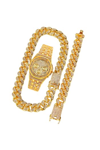 Tessero Iced-Out Analog Watch Set with Bracelet & Cuban Chain, 40mm, Quartz, 18K Gold Plated