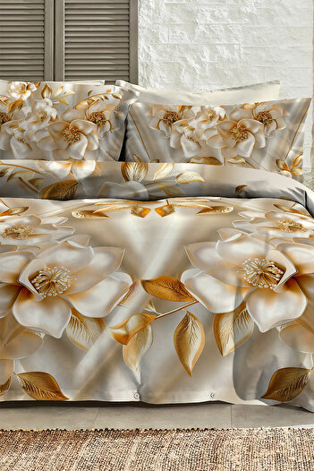 MonoHome 100% Cotton Ranforce Dowry Luxury 5D Digital King Size Double Duvet Cover Set Gold