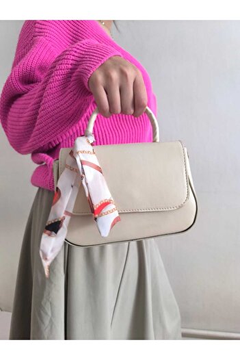 Butik Tuğbam Cream Ecru Scarf Detailed Handbag and Crossbody Shoulder Bag