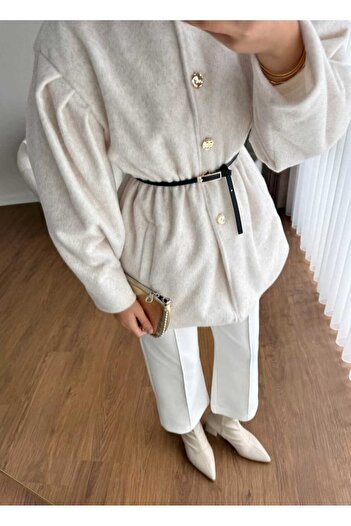 KNİTİCAL TEKSTİL Women's Trend Gold Buttoned Belted Thai Feather Jacket
