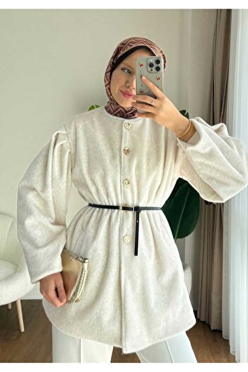 KNİTİCAL TEKSTİL Women's Trend Gold Buttoned Belted Thai Feather Jacket