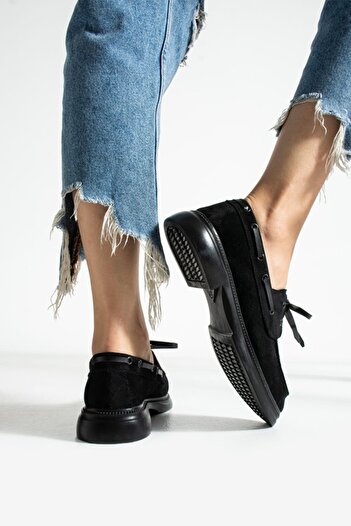 Alsat Park Women's Lace-Up Casual Loafer Shoes-Black Suede