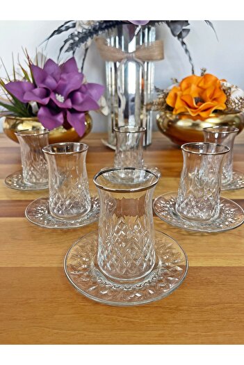 P&ORA PREMIUM KITCHEN PRODUCTS Lara Silver Gilt (Real) 12 Pieces Tea Set for 6 People Tea Set Gift Glass