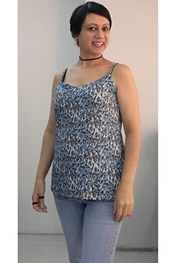 Mertcan Butik Blue Indigo Latte Patterned Rope Strap Combed Viscose T-Shirt