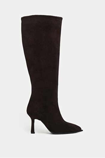 NİŞANTAŞI SHOES Γυναικείες μπότες με λεπτό τακούνι Libby Bitter Brown Suede από γνήσιο δέρμα
