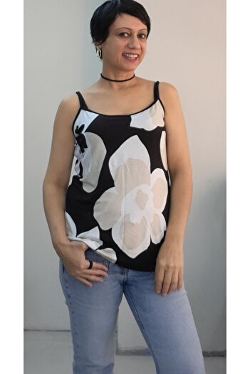 Mertcan Butik Black and White Ecru Patterned Rope Strap Combed Viscose T-Shirt