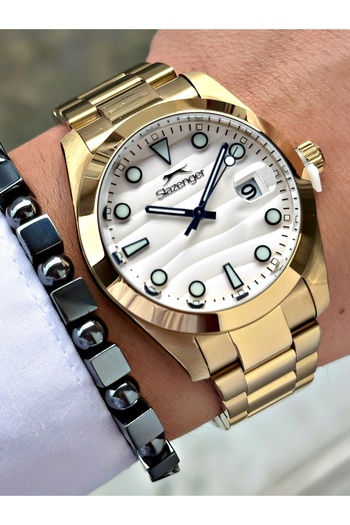 Slazenger Men's Wristwatch with Calendar Gold Color 10 Atm Water Resistance Phosphorescent Steel Case 2491.06Mr