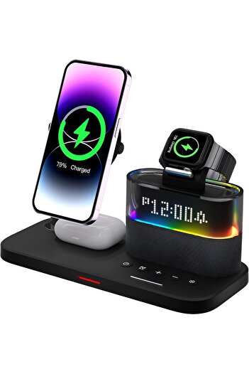 Panda XVersion 5-in-1 Wireless Fast Charging Station w/ Alarm Clock & Night Light, 15W Qi - Black