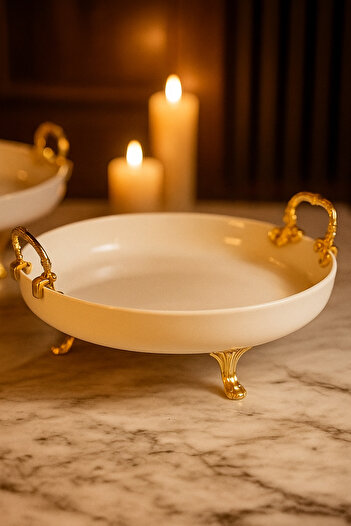 Sillage Home Luxury Metal Handle Porcelain Serving Bowl – 24 cm Salad Bowl
