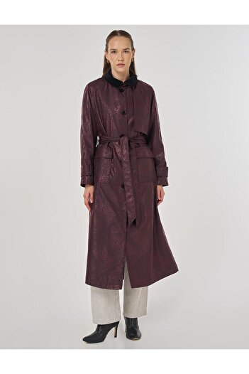 Kayra Velvet Collar Long Trench Coat Dark Burgundy