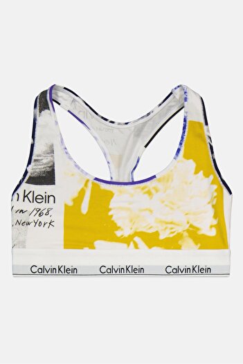 Calvin Klein Women Allover Print Non-Padded Unlined Bralette, White/Yellow