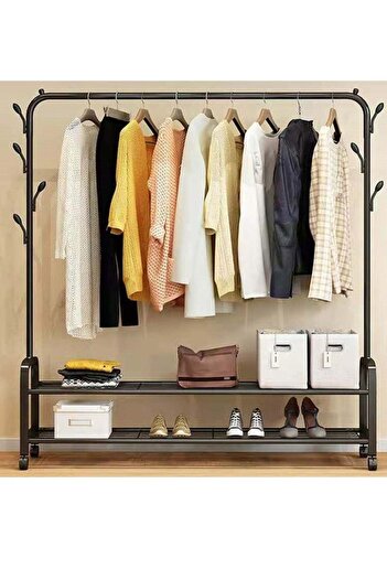 fulina Double-layer Storage Rack with Shoe Cabinet, 6 Sticks Can Be Hung Hat Bag -Black