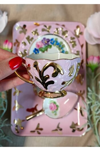BY.RAYKA PORSELEN El Dekor Süli̇man Porcelain Hand Painted Single Person Coffee Cup Set