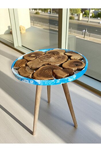 Home Olivia Zeytin Ağacı Aqua Print Kaplama Üst Çerçeveli Dekoratif Yan Sehpa